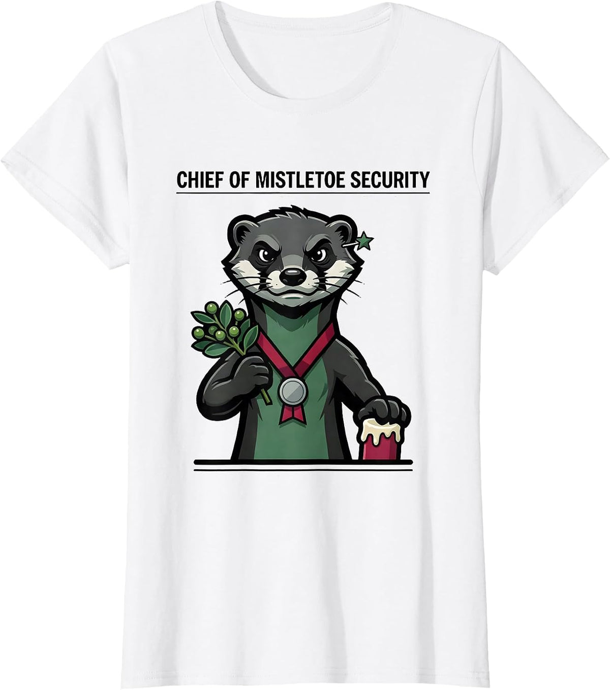 Chief Of Mistletoe Security Funny Ferret Owner Christmas T-Shirt - White