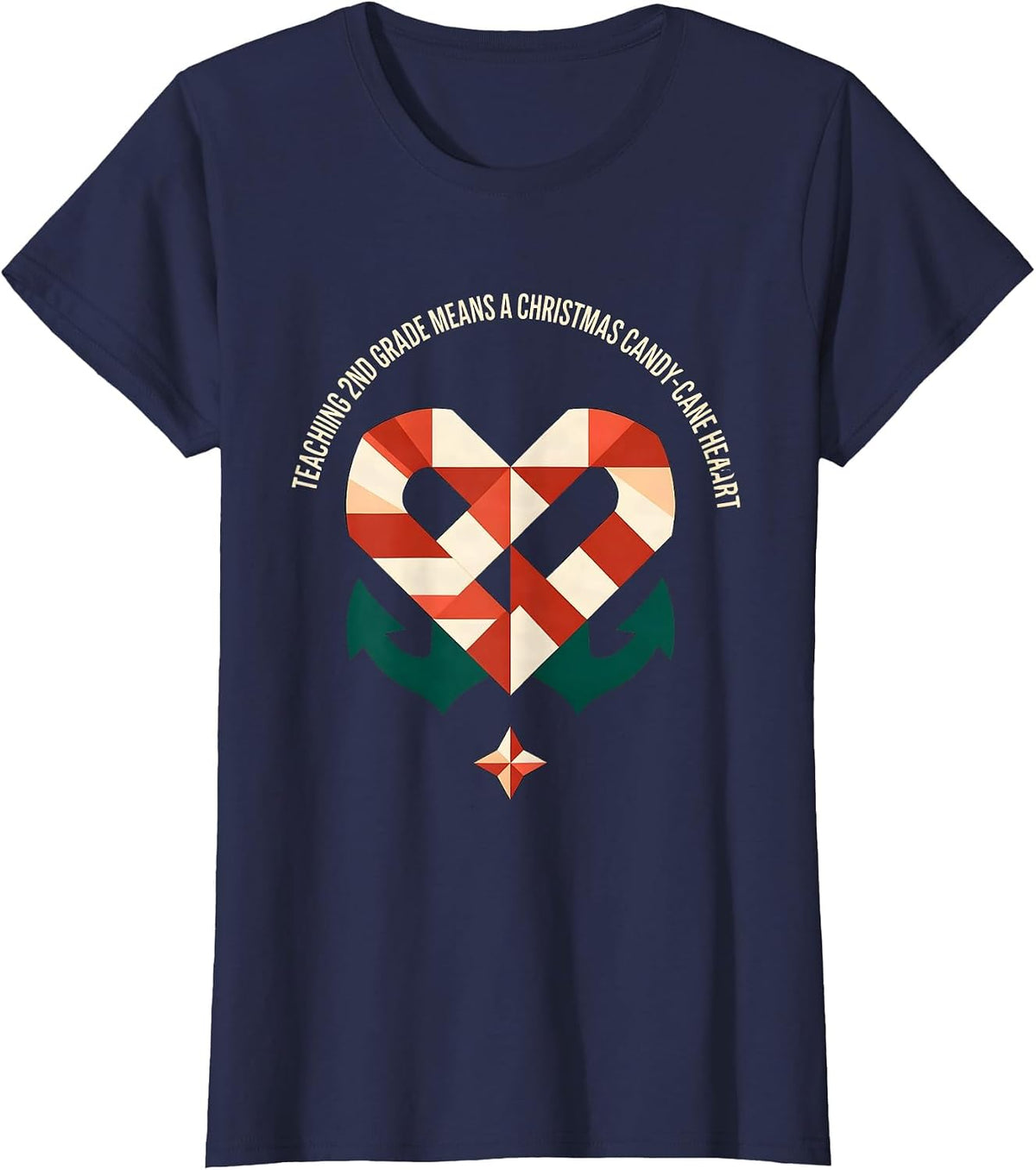 Women's Teaching 2nd Grade Means A Christmas Candy-Cane Heart T-Shirt - Navy Blue