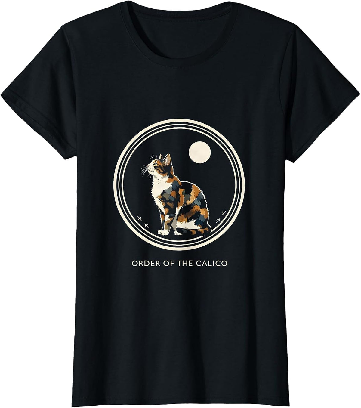 Women's Order Of The Calico Funny Calico Cat Howling At Moon Retro T-Shirt - Black