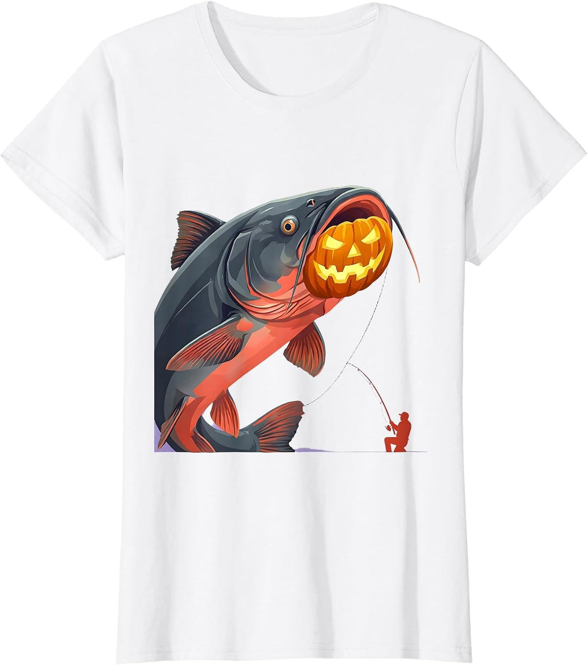 Halloween Monster Fish Catfish Angler Flat Vector T-Shirt - White
