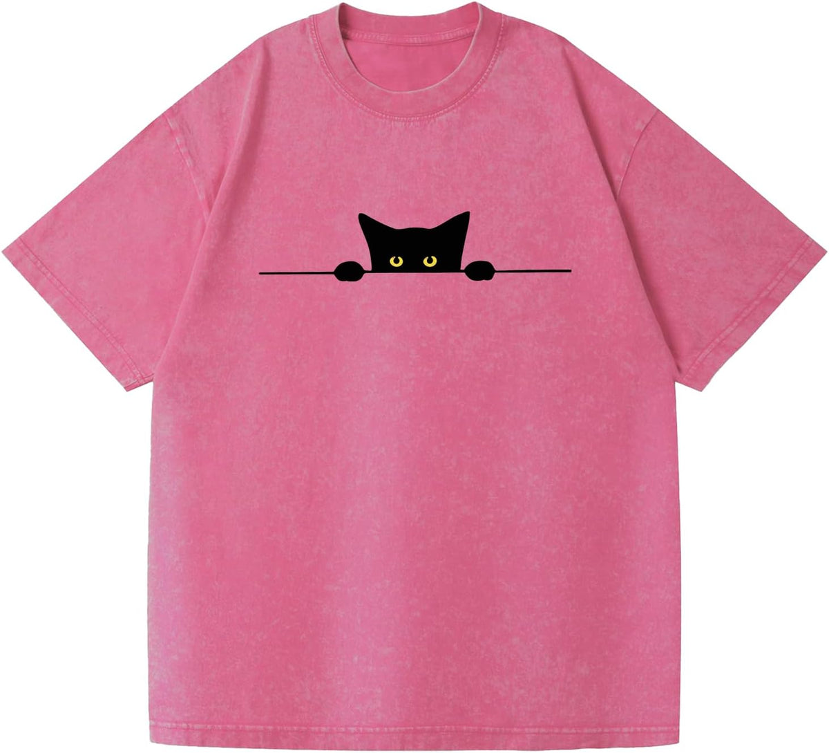Ultra-Soft Unisex Cotton T-Shirt Playful Black Cat Peeking Graphic Garment Washed Premium Tee with Fashion Fit - Red