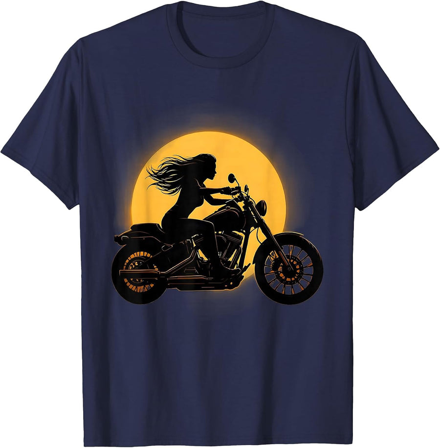 Blazing Sunset Silhouette Motorcycle Rider Graphic T-Shirt - Navy Blue