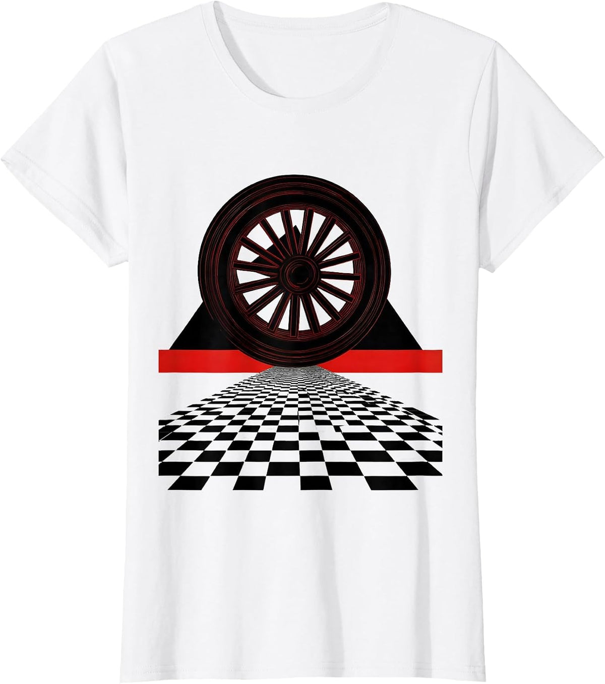 Motorcycle Wheel Spinning on Checkered Road T-Shirt - White