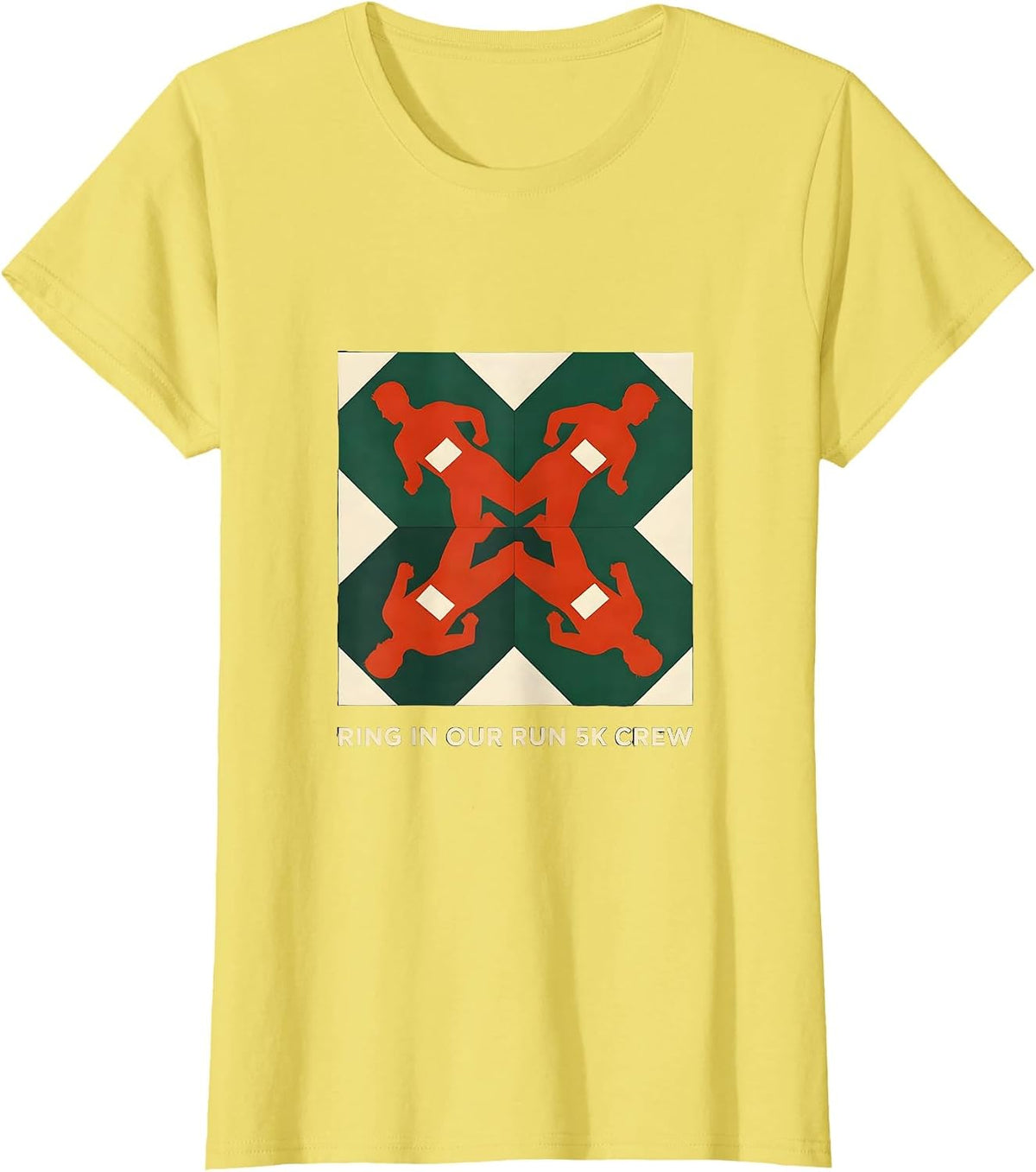 Ring In Our Run 5K Crew Quilt Block Patchwork Christmas Fun T-Shirt - Lemon Yellow