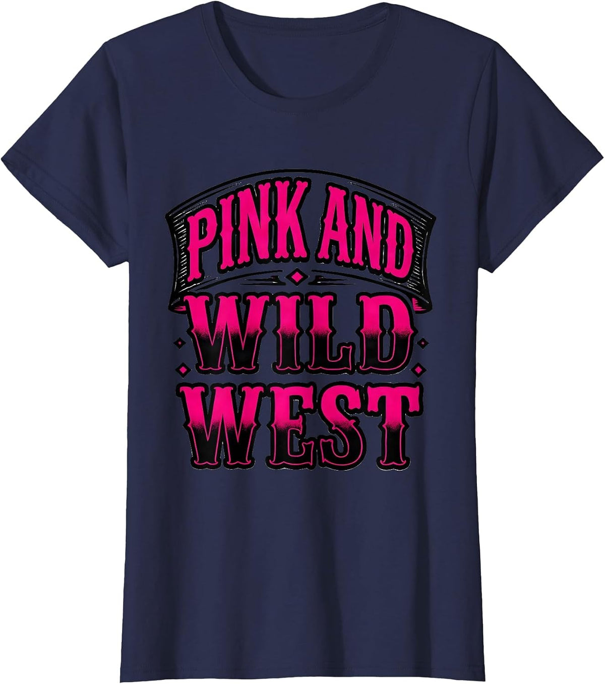 Women's Pink and Wild West Cowgirl Graphic Design T-Shirt - Navy Blue