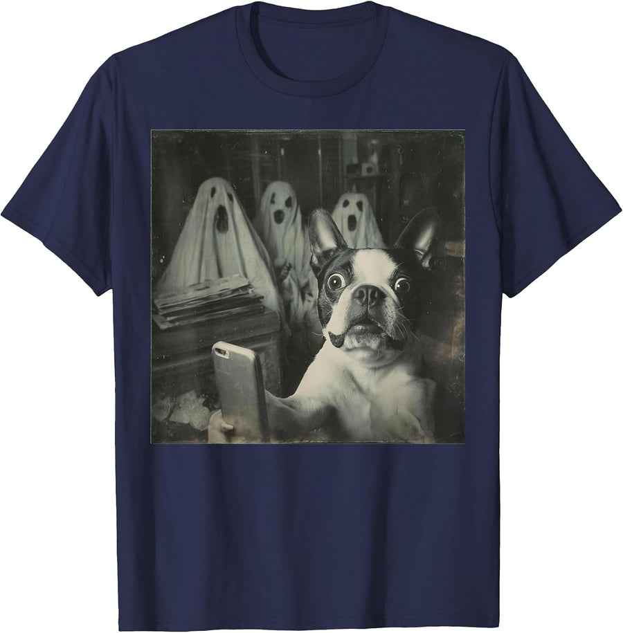 Funny Boston Terrier Selfie with Ghosts, Halloween Dog Lover T-Shirt - Navy Blue