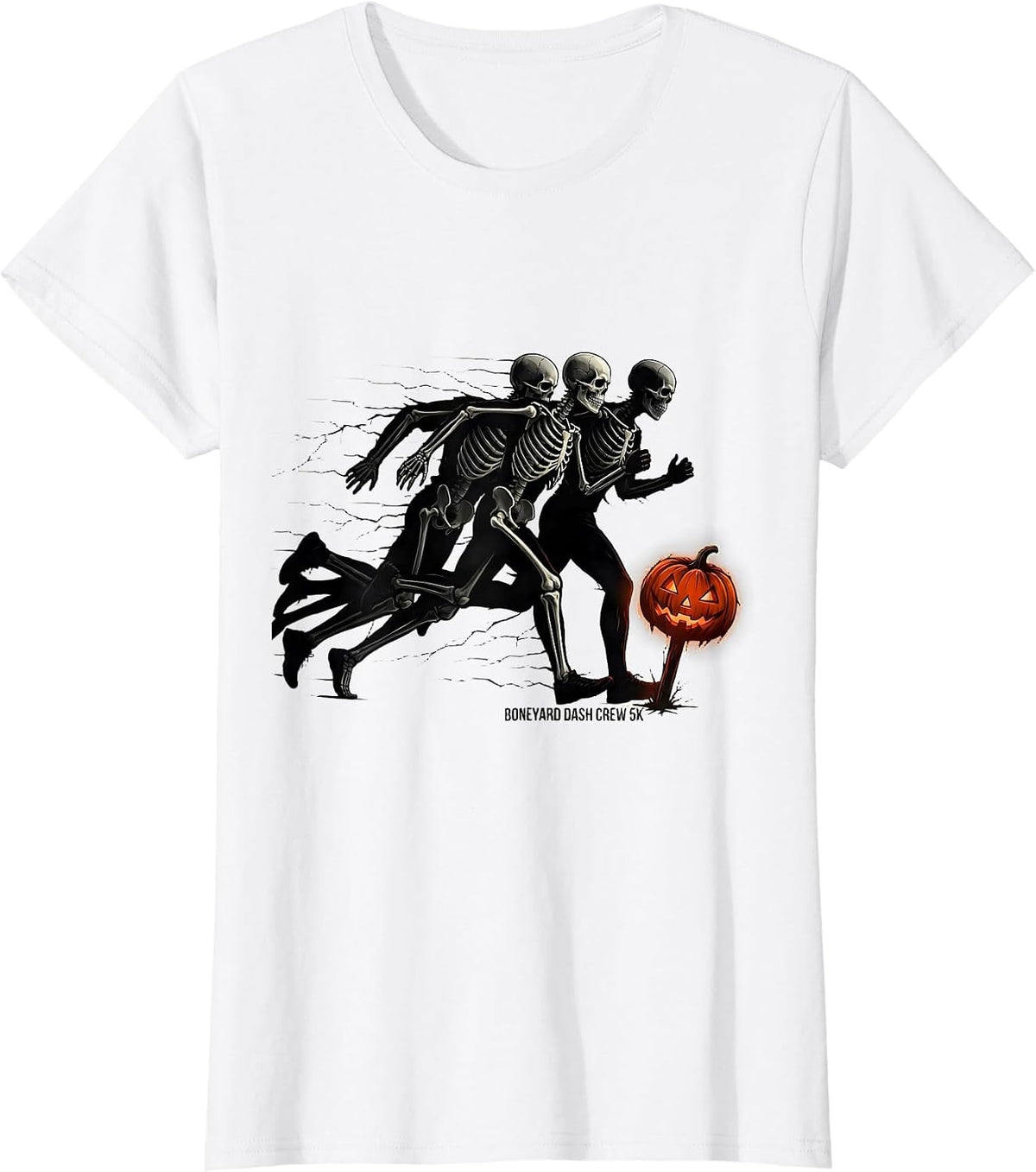 Women's Boneyard Dash Crew 5K Horror Skeleton Runner Halloween Fun T-Shirt - White