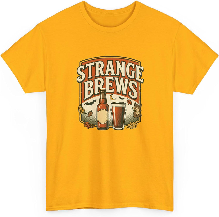 Strange Brews Beer Graphic Tee | Vintage Brewery Logo T-Shirt - Gold