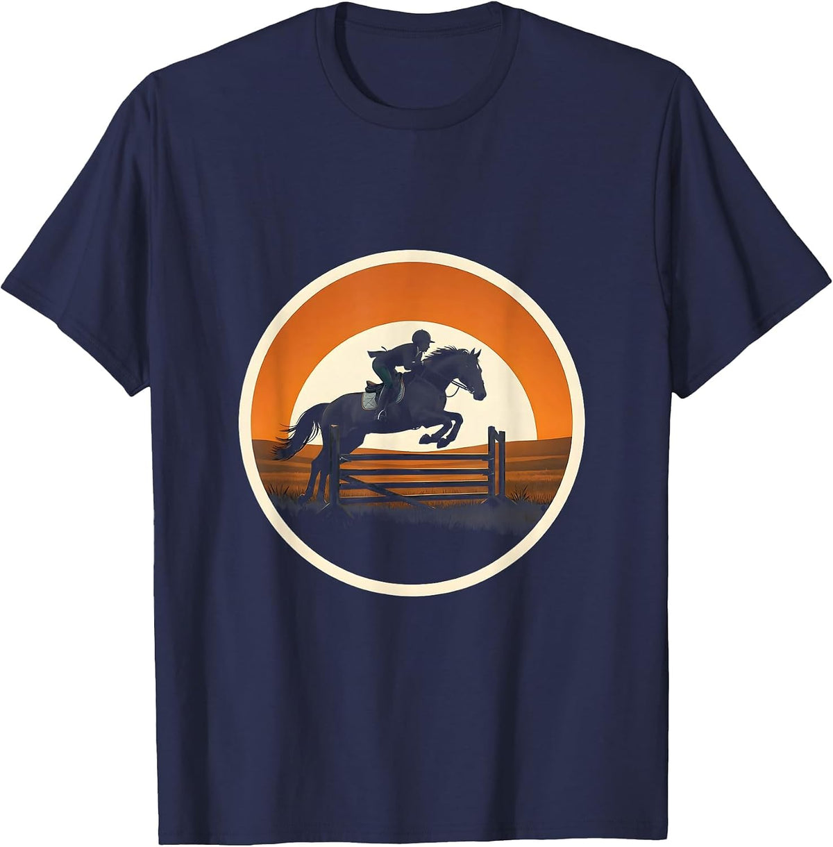 Show Jumper Soaring Over Fence Rails Equestrian T-Shirt - Navy Blue
