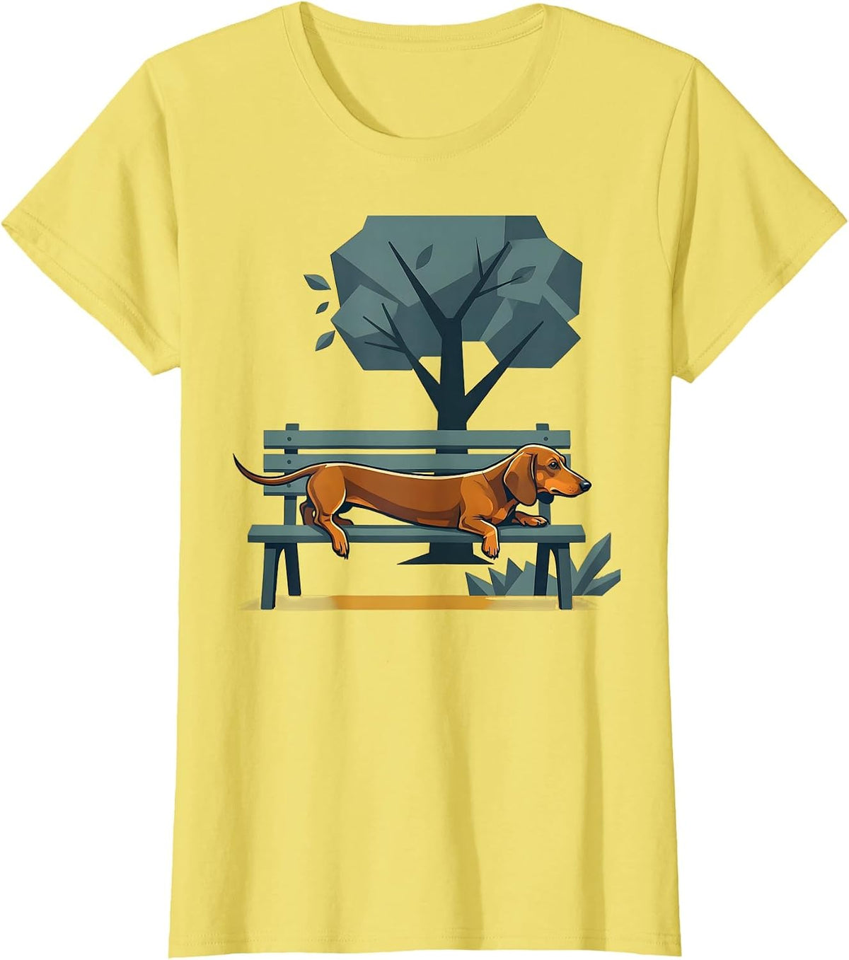 Dachshund Stretched Across Park Bench Illustration T-Shirt - Lemon Yellow