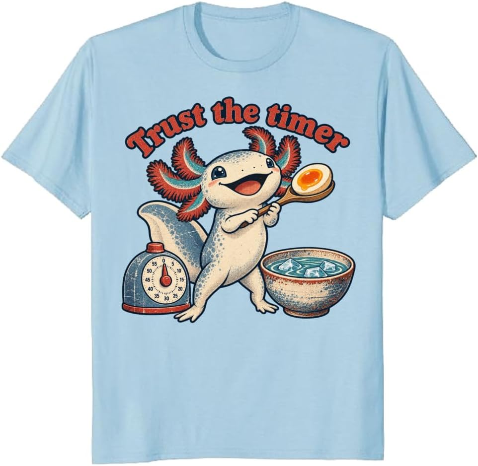 Axolotl Cooking T-Shirt Vintage Ramen Egg Timer Graphic Tee - S5
