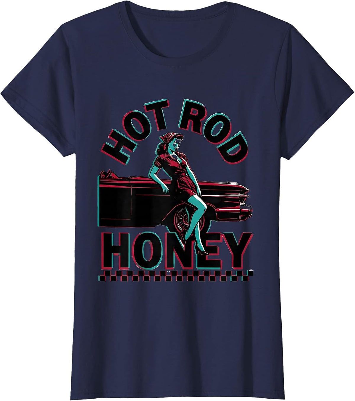Women's Hot Rod Honey Retro 1950s Sock Hop Rockabilly Party Costume T-Shirt - Navy Blue