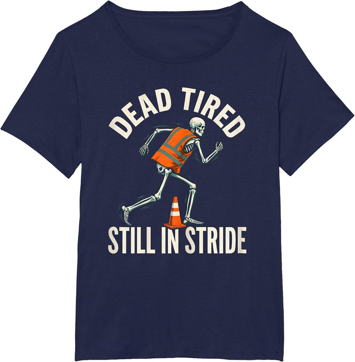 Women's Dead Tired, Still In Stride Funny Halloween Skeleton Runner T-Shirt - Navy Blue
