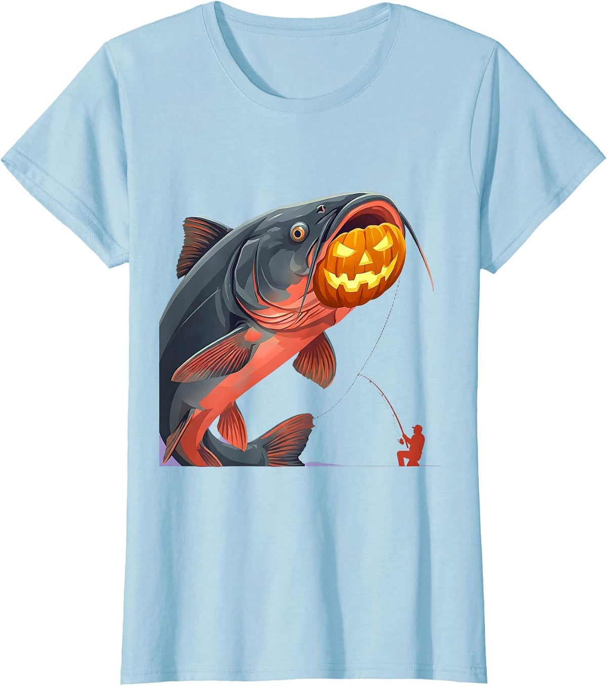 Halloween Monster Fish Catfish Angler Flat Vector T-Shirt - Baby Blue
