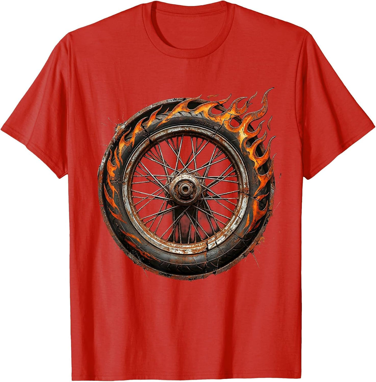Men's Motorcycle Wheel Spinning Flames Graphic Tee T-Shirt - Red