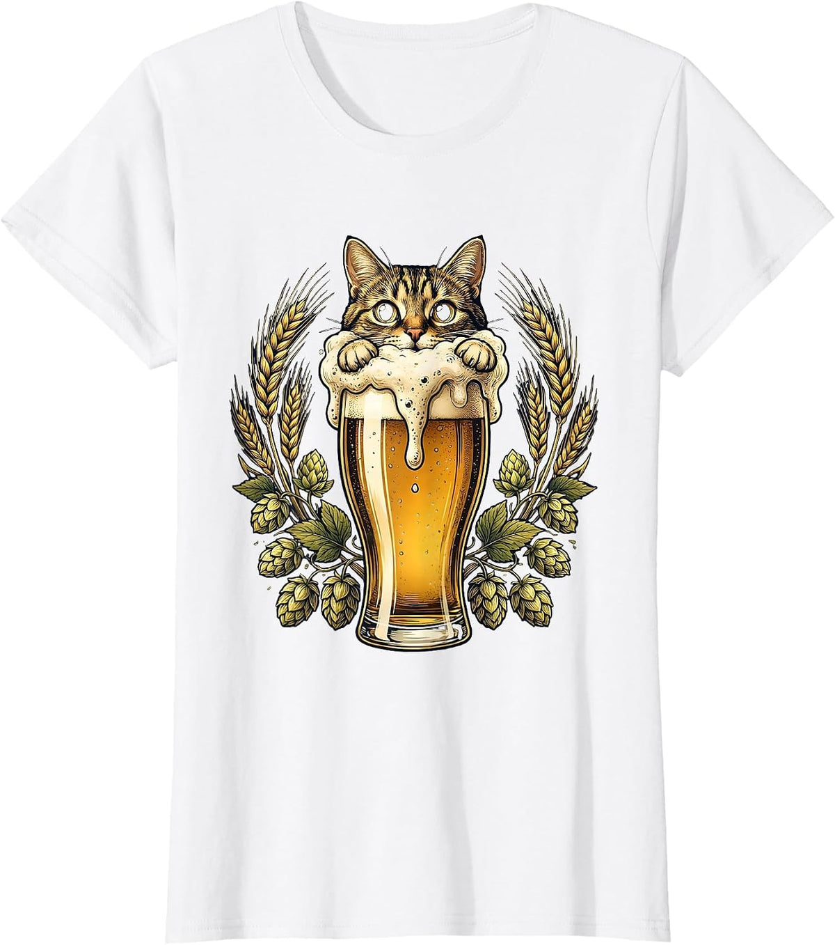 Curious Cat Peeking Over Beer Glass Illustration T-Shirt - White