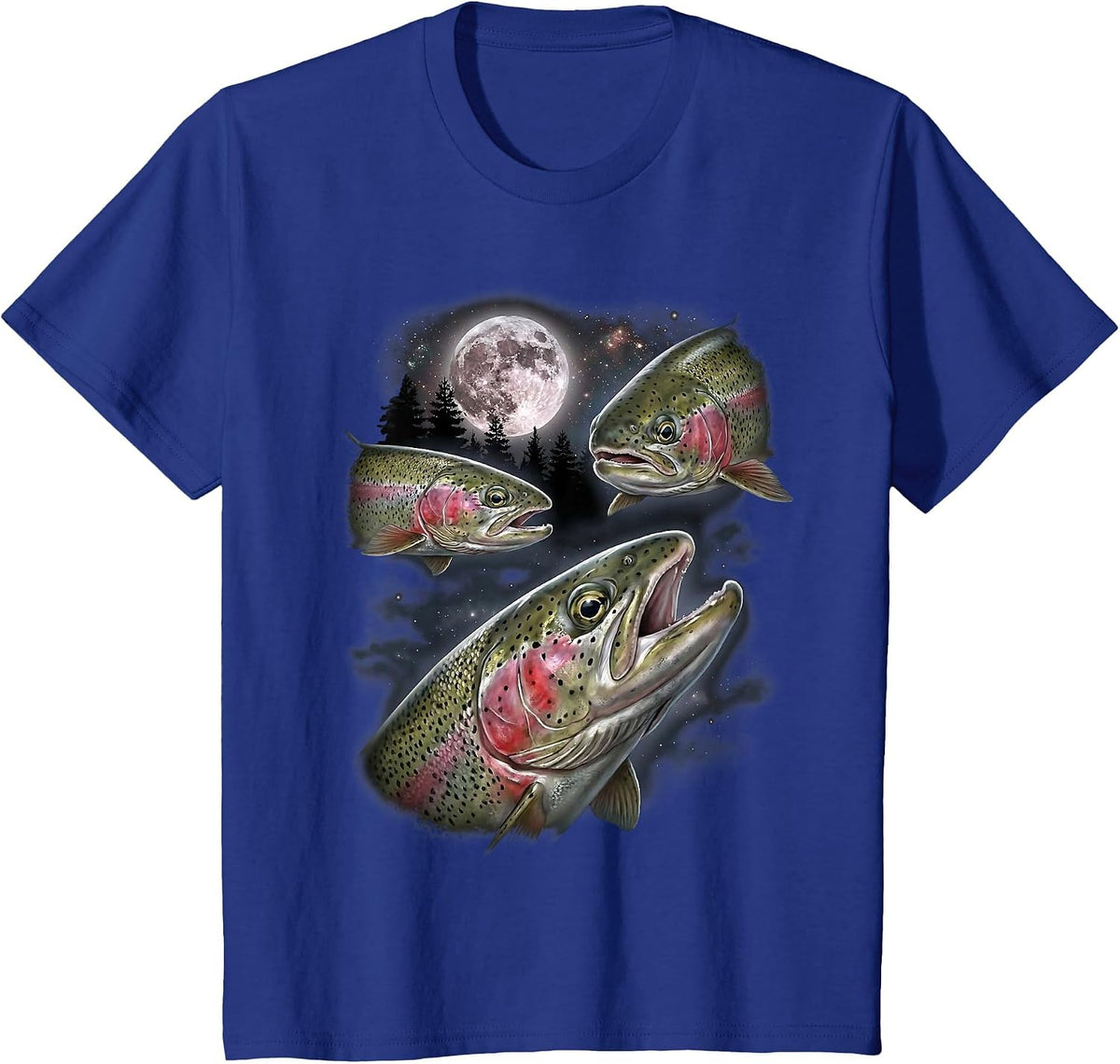 Rainbow Trout Fisherman Howling Moon Design Vintage Fishing T-Shirt - Royal Blue