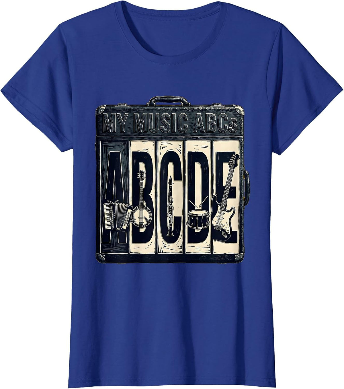 Women's My Music ABCs Linocut Kids Alphabet Learning Preschool T-Shirt - Royal Blue