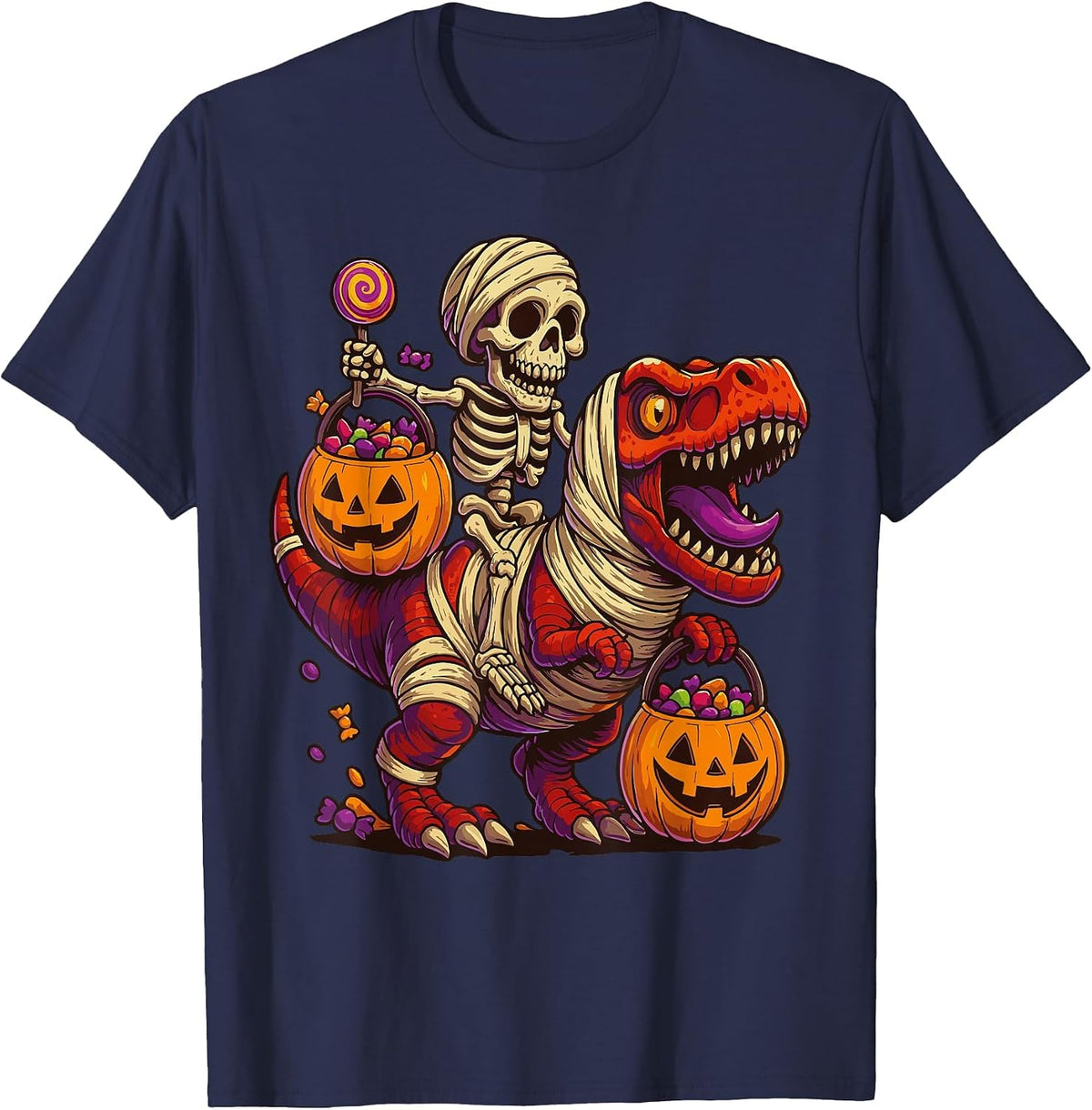 Skeleton Riding Mummy Dinosaur T rex Halloween Funny Pumpkin T-Shirt - Navy Blue