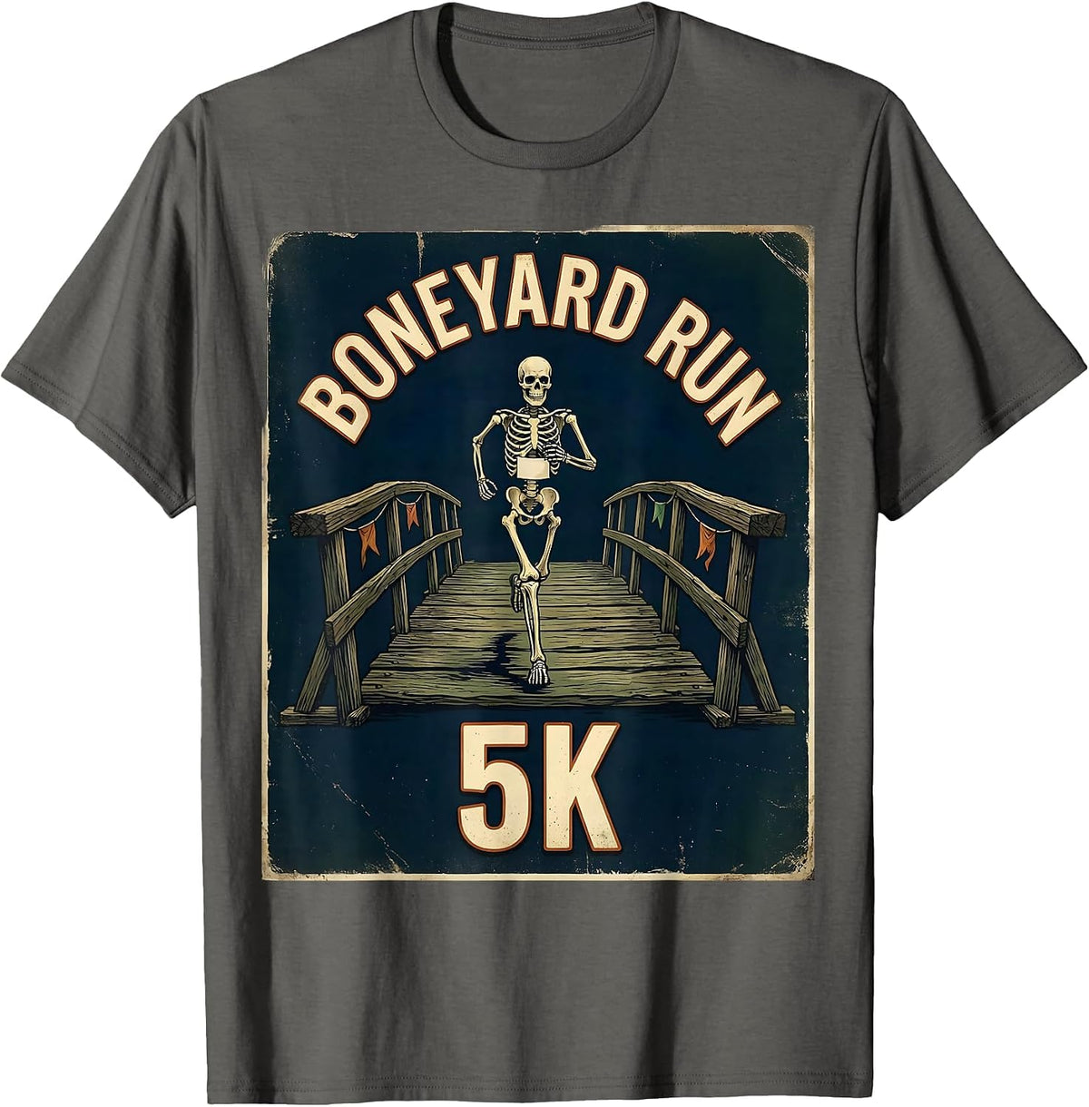 Boneyard Run 5K Vintage Skeleton Runner Halloween Fun Run T-Shirt - Asphalt Grey