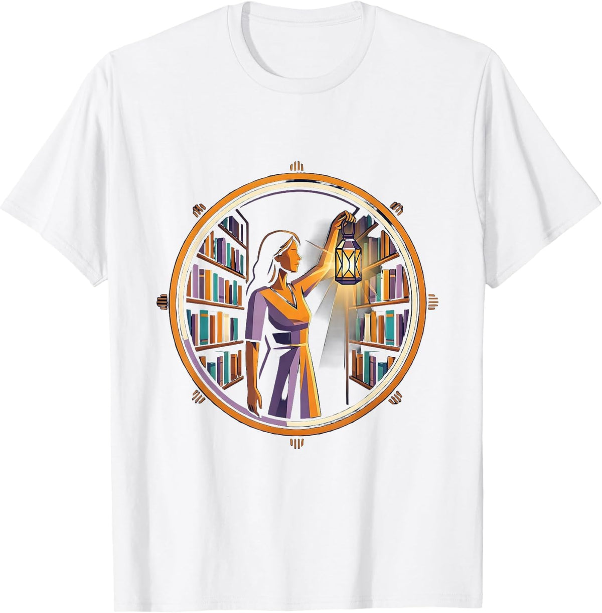 Teacher Librarian Lantern Dark Library Illustration T-Shirt - White