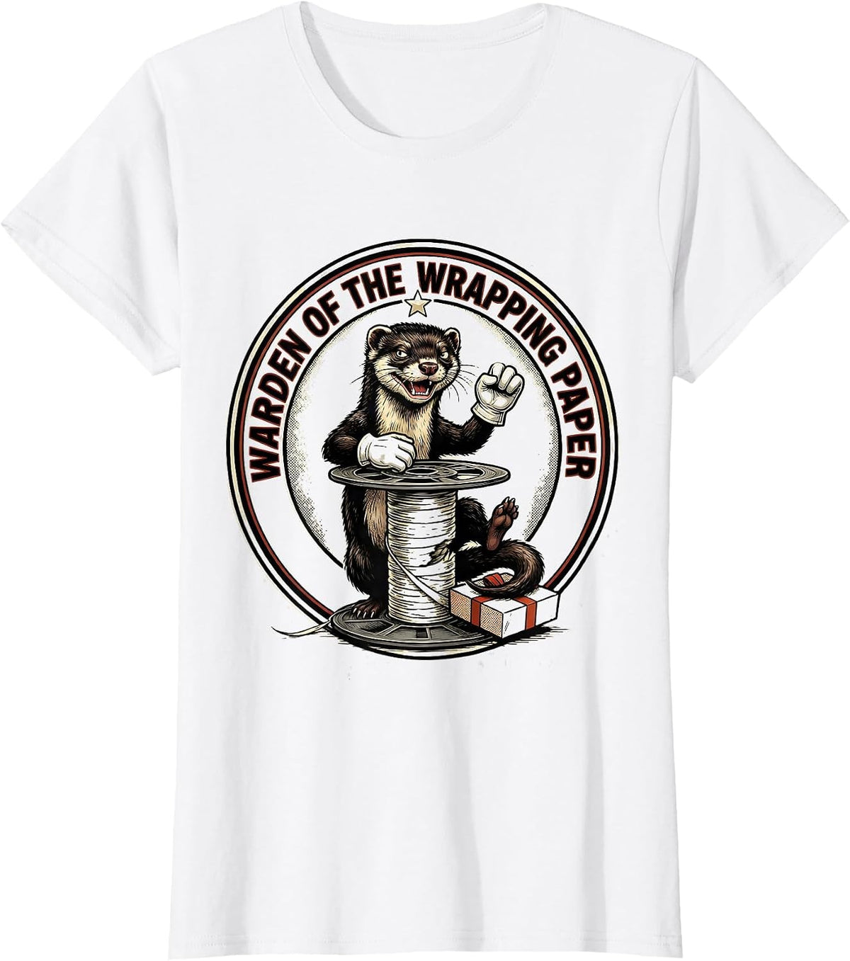 Warden Of The Wrapping Paper Retro Cartoon Ferret Owner Gift T-Shirt - White