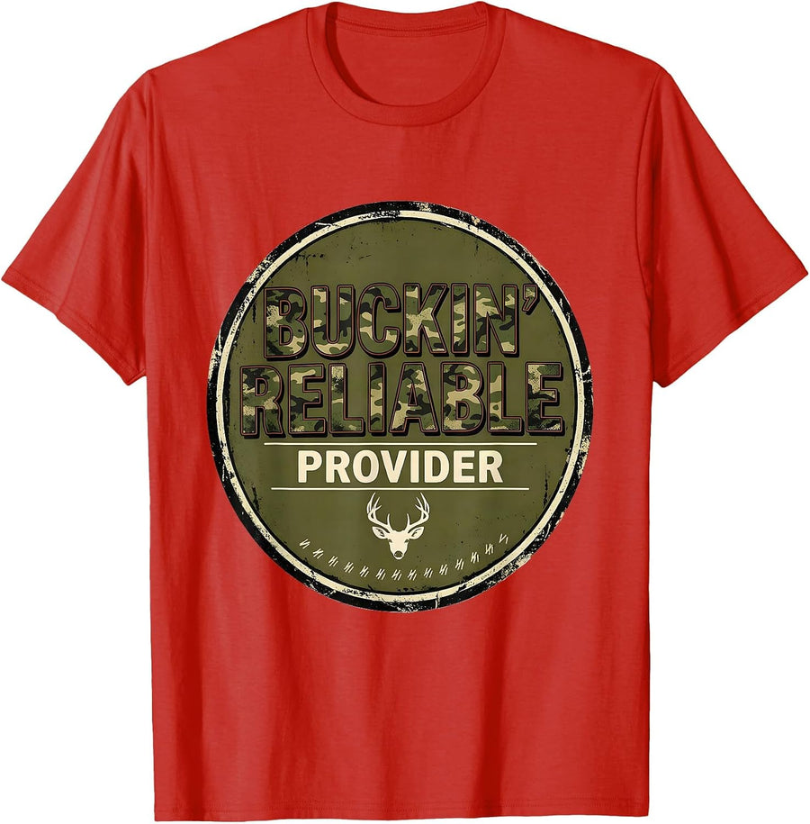 Men's Buckin' Reliable Provider Vintage Camo Deer Hunting Dad T-Shirt - Red