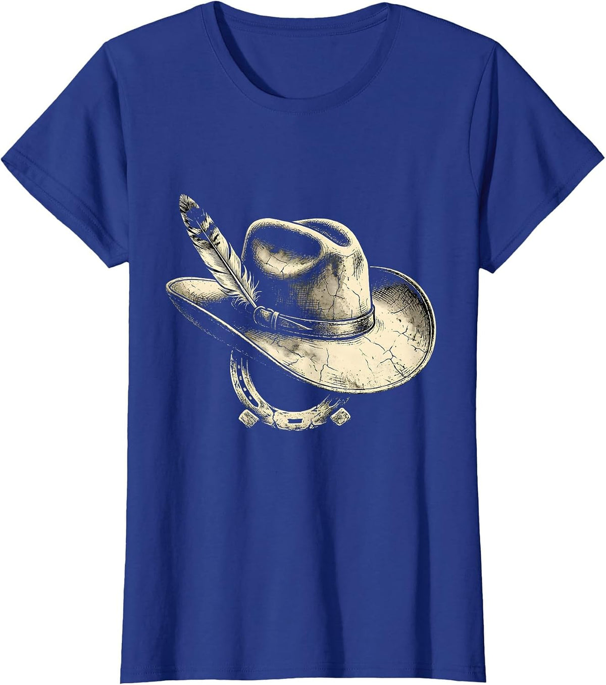 Women's Cowgirl Hat Feather and Horseshoe Graphic T-Shirt - Royal Blue