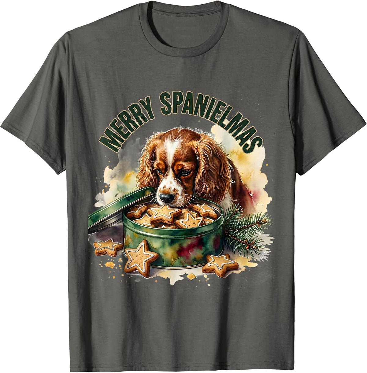 Men's Merry Spanielmas Watercolor Christmas Dog Lover Holiday T-Shirt - Asphalt Grey
