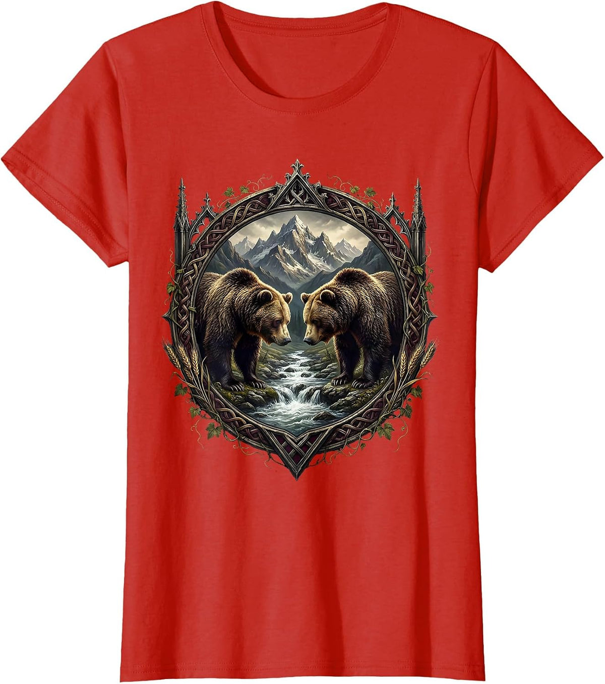 Women's Oktoberfest Bears Mountain Stream Illustration T-Shirt - Red