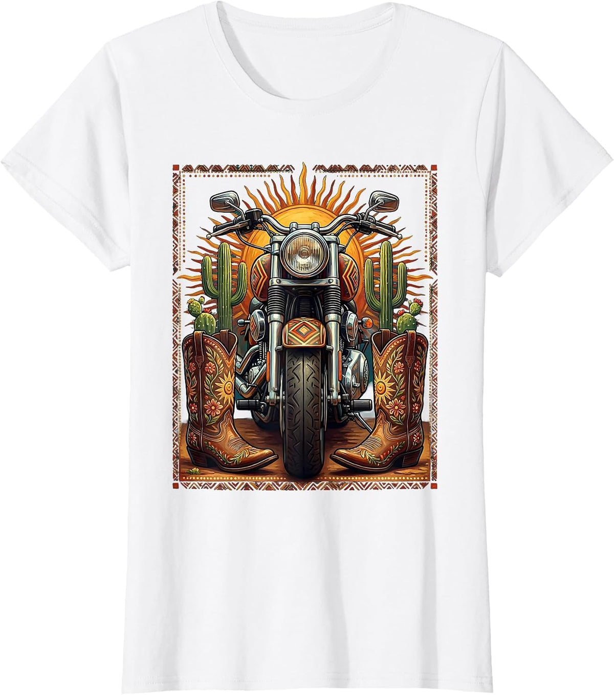 Women's Route 66 Cowboy Boots and Motorcycle Graphic T-Shirt - White