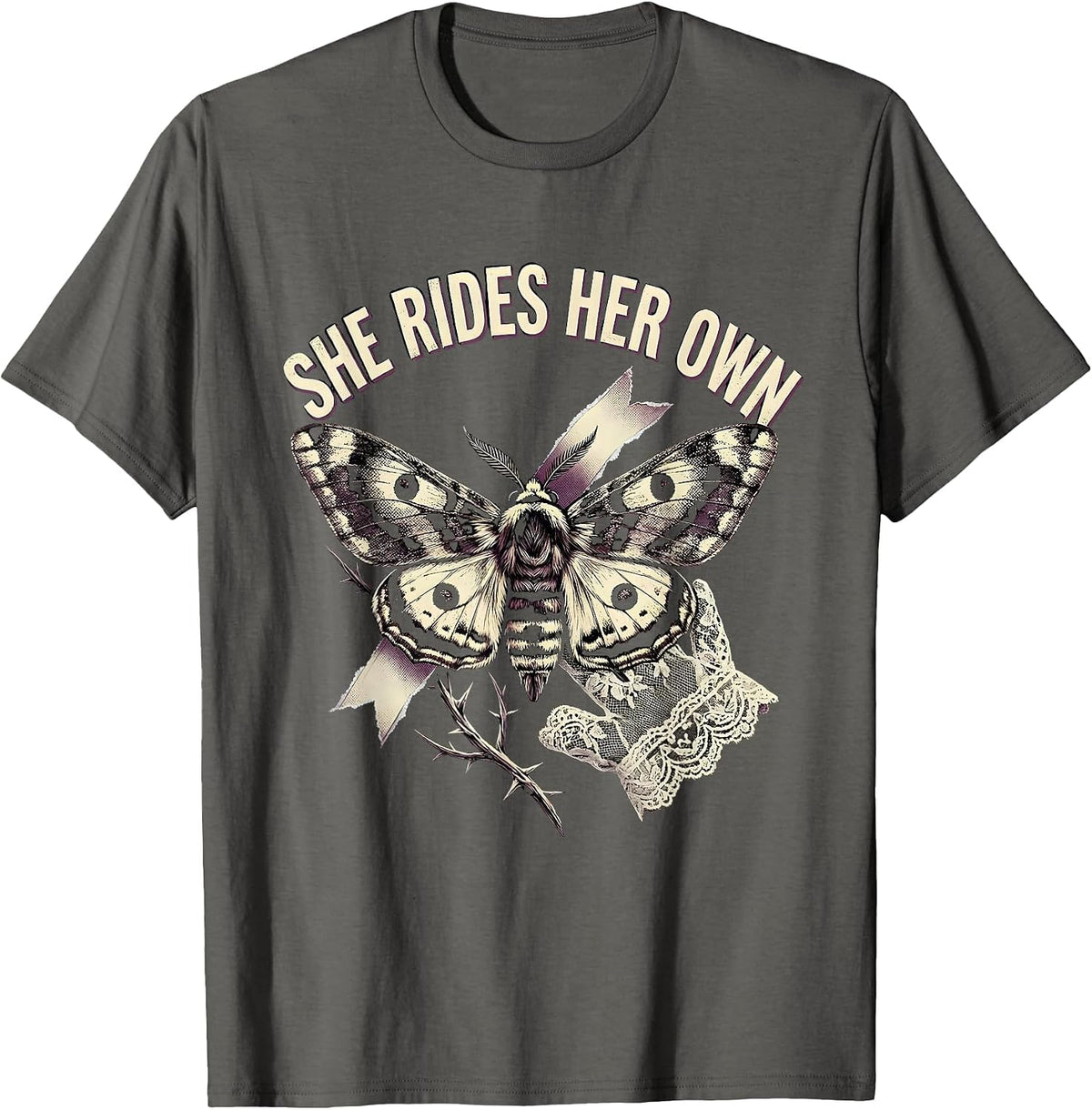 She Rides Her Own Motorcycle Biker Design T-Shirt - Asphalt Grey