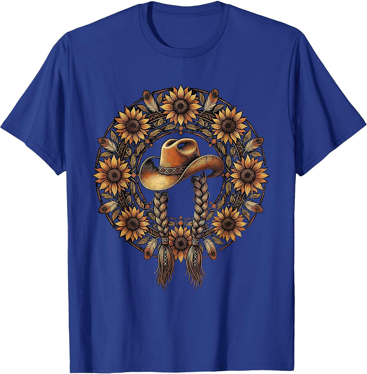 Braided Hair Cowboy Hat Western Illustration T-Shirt - Royal Blue