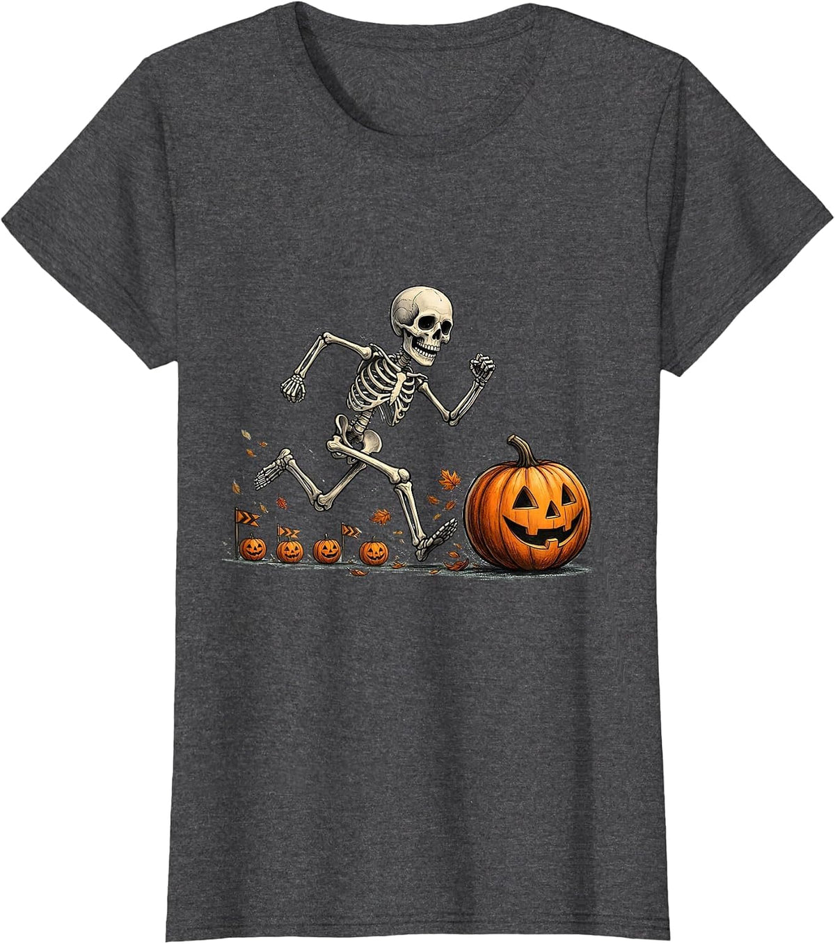 Women's Cheerful Skeleton Runner Halloween 5K Race Fun T-Shirt - Dark Heather Grey
