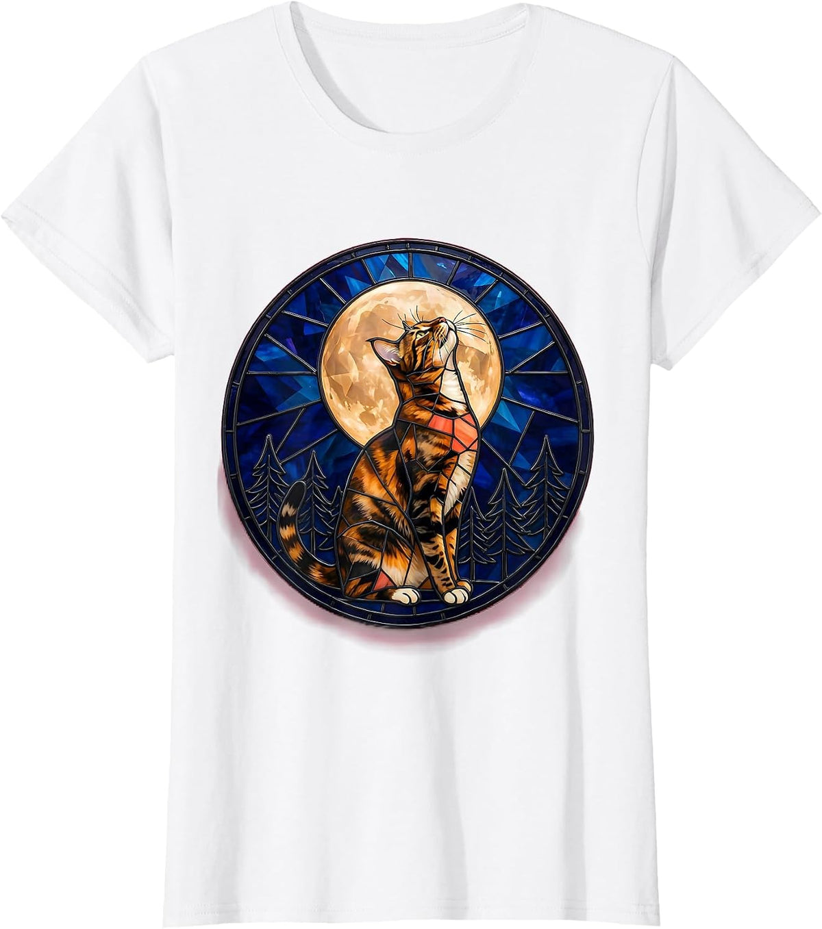 Tortoiseshell Cat Howling at Moon Stained Glass Mosaic 90s T-Shirt - White