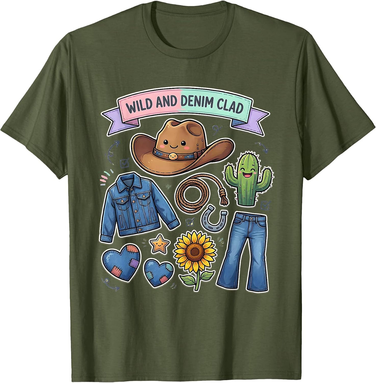Wild and Denim Clad Cowgirl Graphic Design T-Shirt - Olive Green
