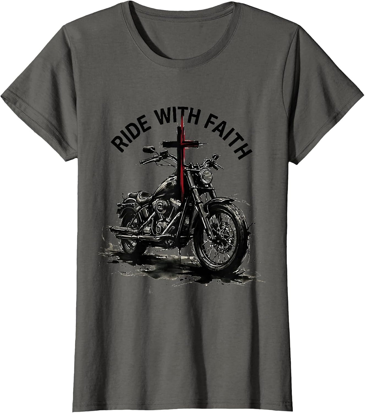 Women's Ride With Faith Motorcycle Cross Religious Design T-Shirt - Asphalt Grey