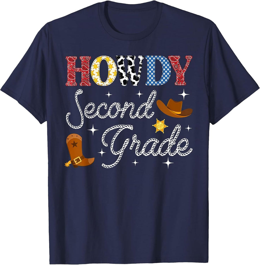 Howdy Second Grade Back to School Western Teacher Student T-Shirt - Navy Blue