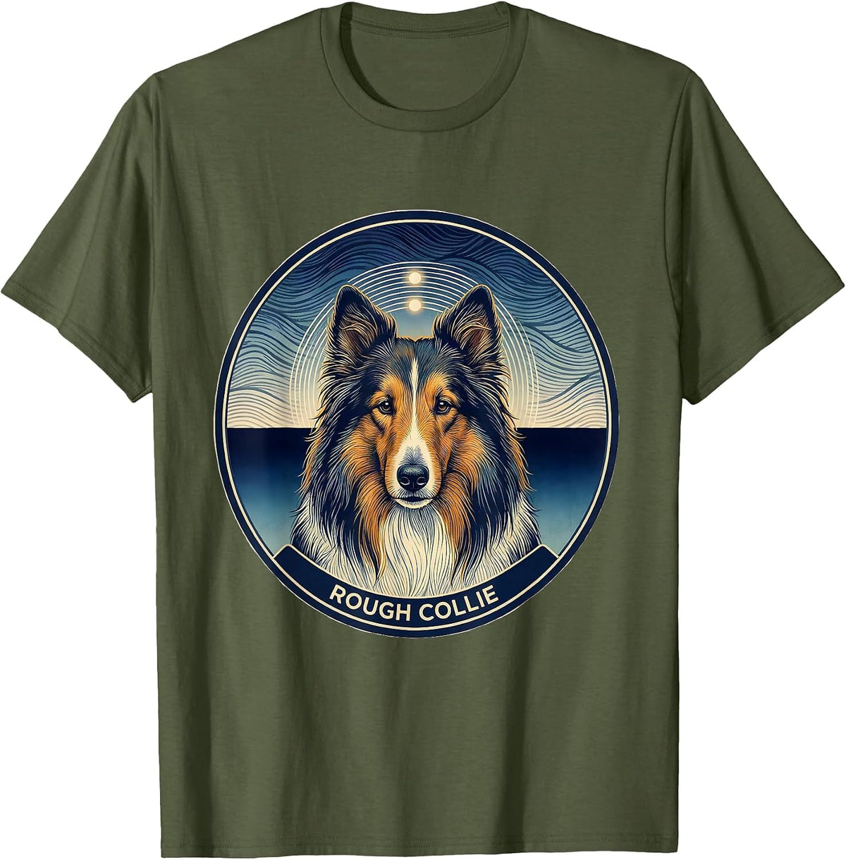 Rough Collie Ukiyo-e Van Gogh Style Starry Night Dog T-Shirt - Olive Green