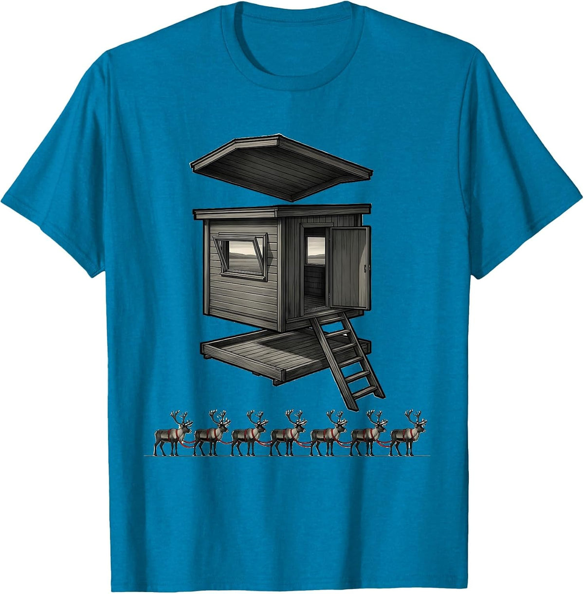 Exploded Hunting Blind Reindeer Christmas Deer Hunter Humor T-Shirt - Sapphire Blue