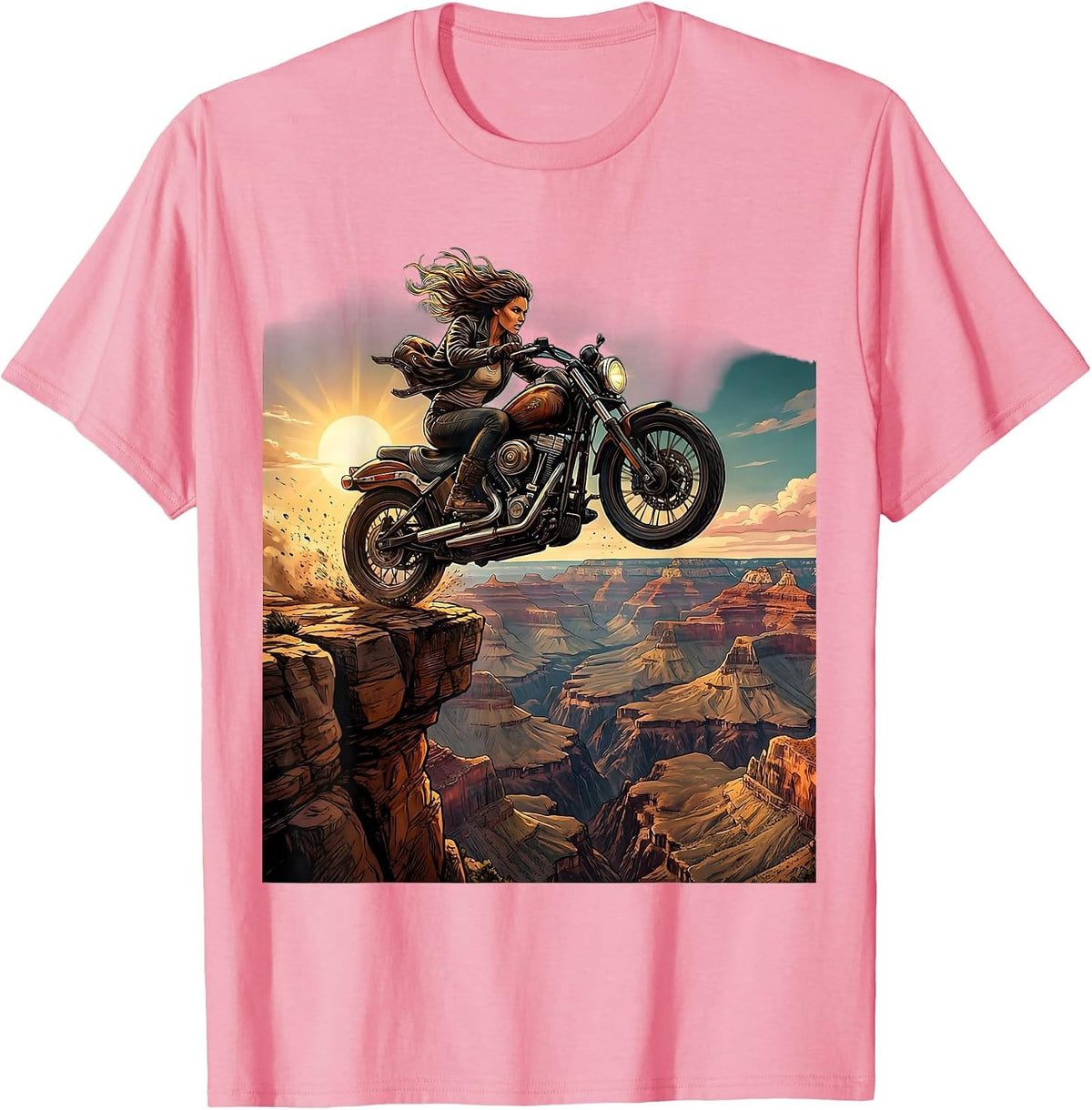 Men's Biker Canyon Leap Motorcycle Adventure Graphic T-Shirt - Pink