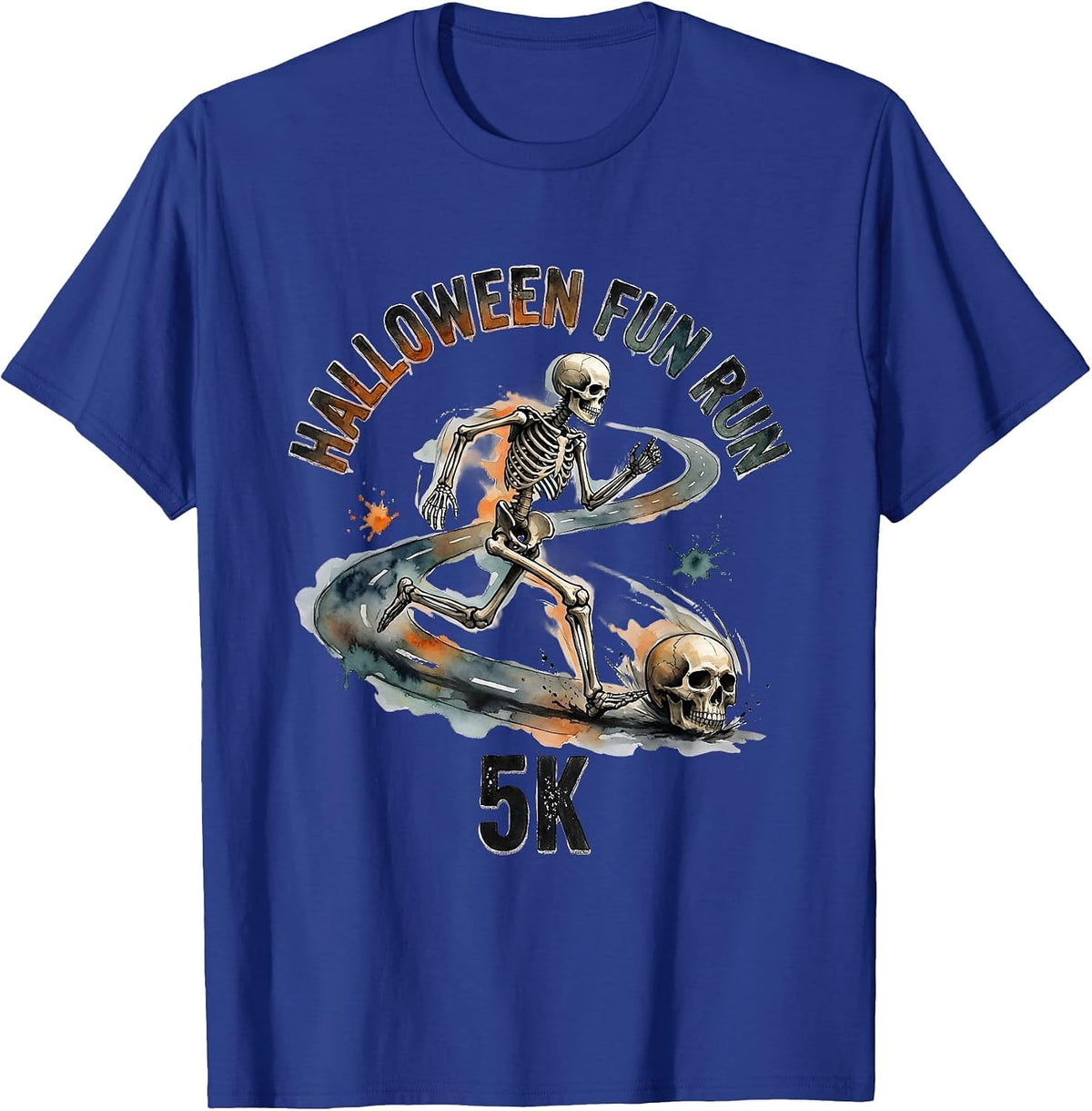 Men's Halloween Fun Run 5K Funny Skeleton Runner Watercolor T-Shirt - Royal Blue