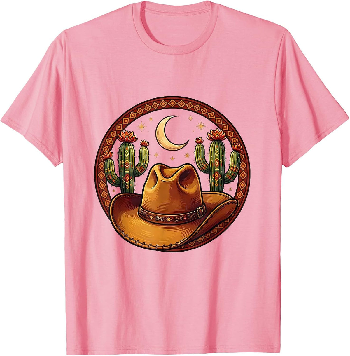 Men's Cowgirl Hat Cactus Crescent Moon Western Design T-Shirt - Pink