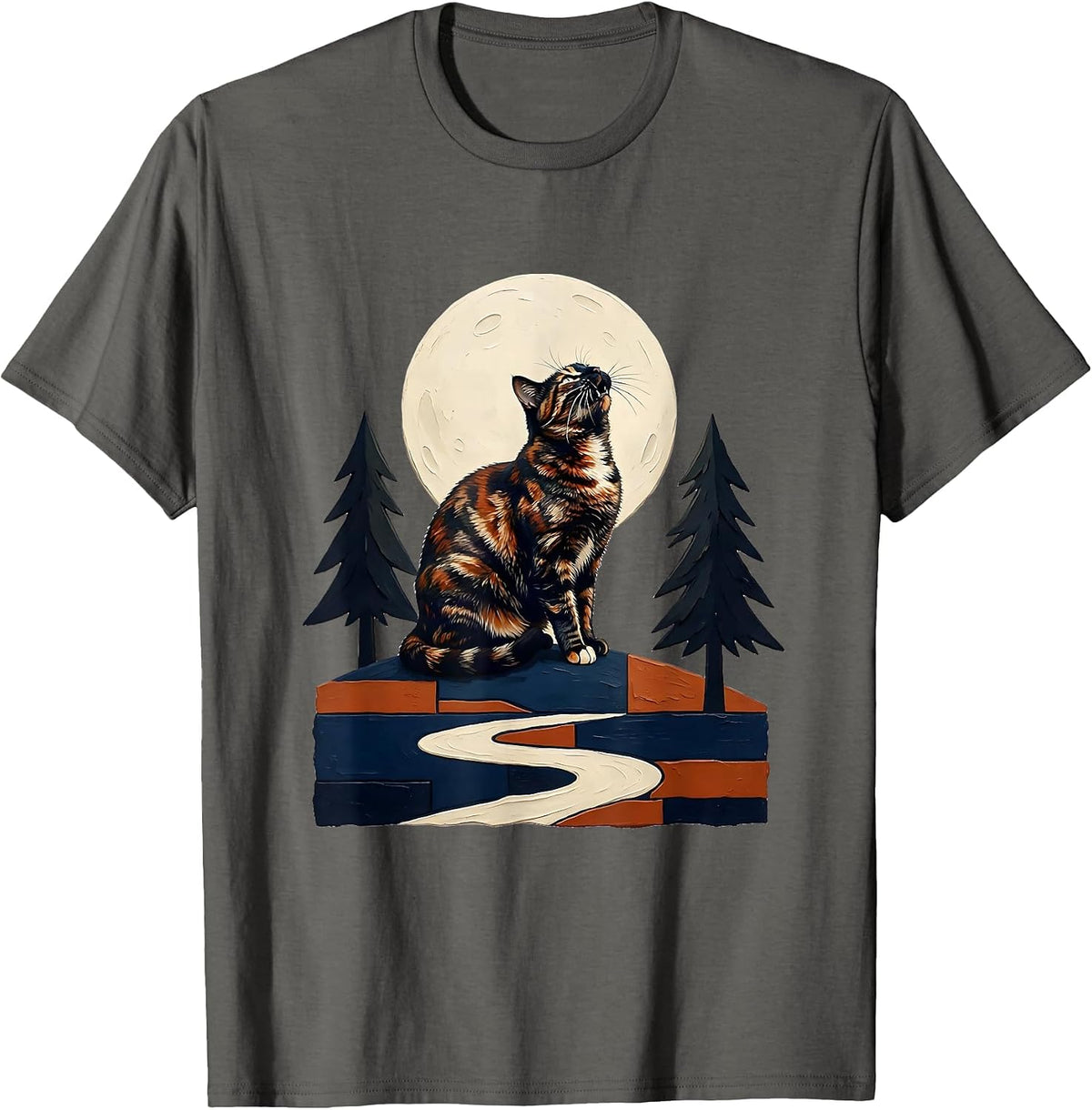 Men's Tortoiseshell Cat Howling at Moon Storybook Fantasy T-Shirt - Asphalt Grey