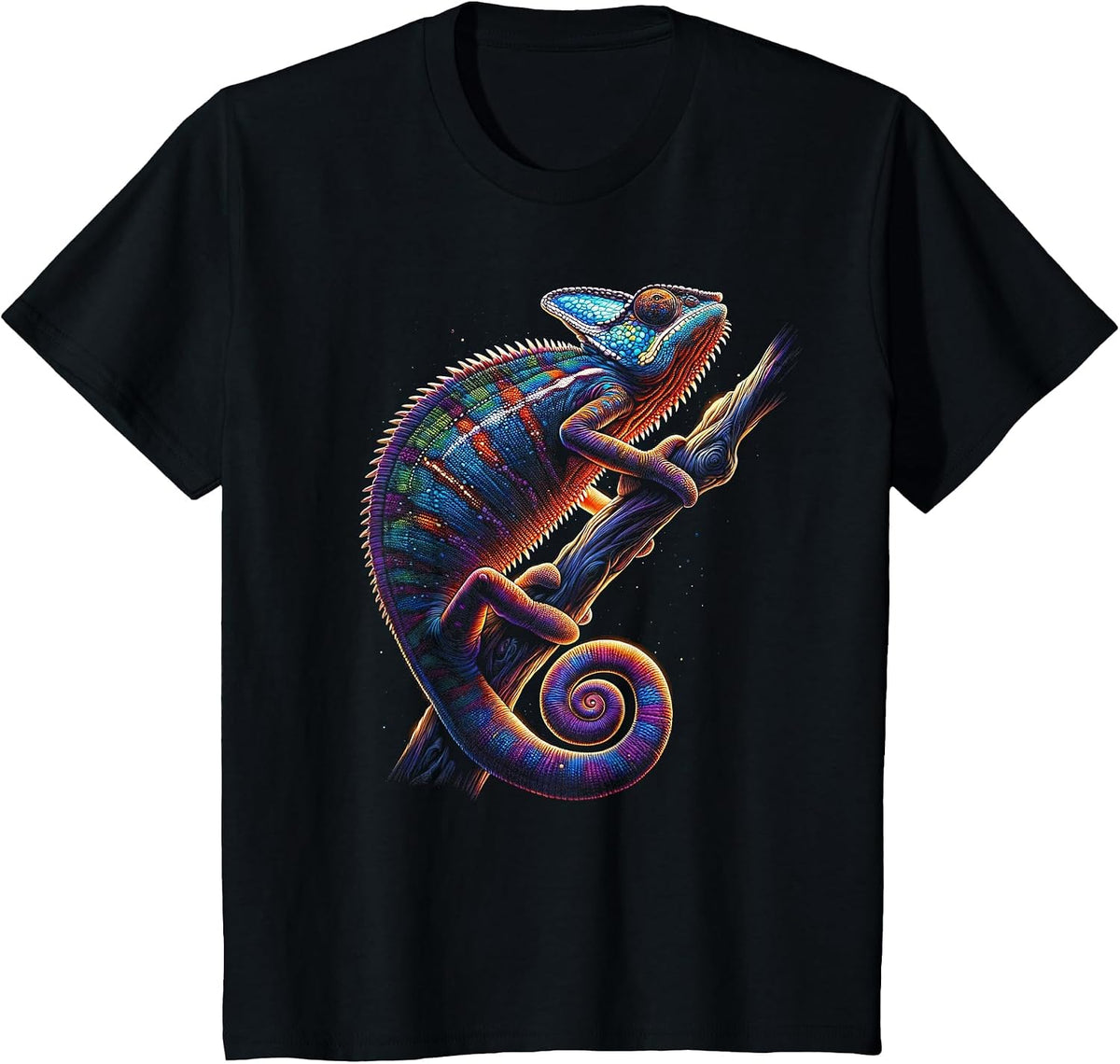 Cool and Colourful Chameleon on Branch T-Shirt - Black