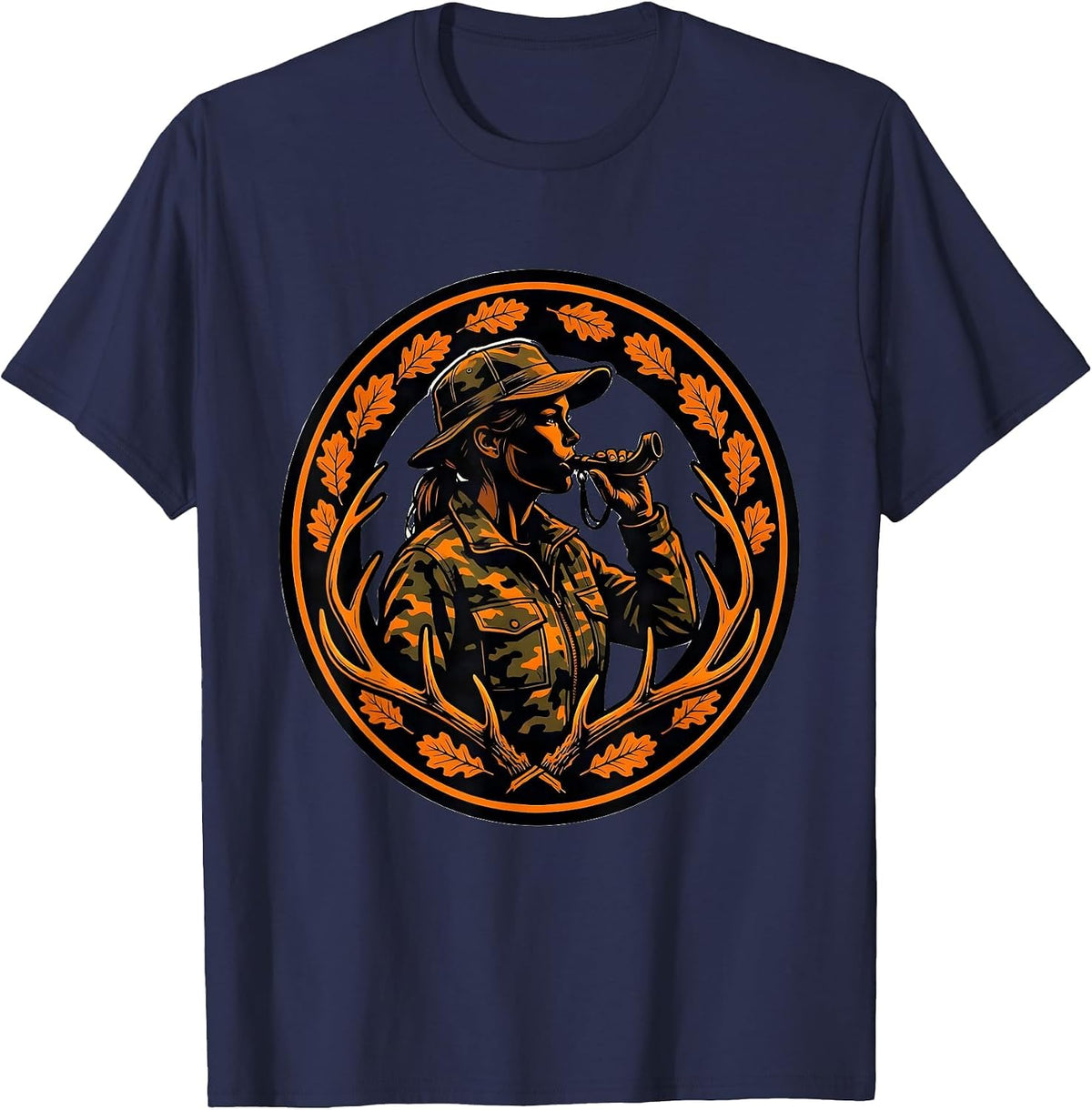 Camo Hunter Deer Call Graphic Design T-Shirt - Navy Blue