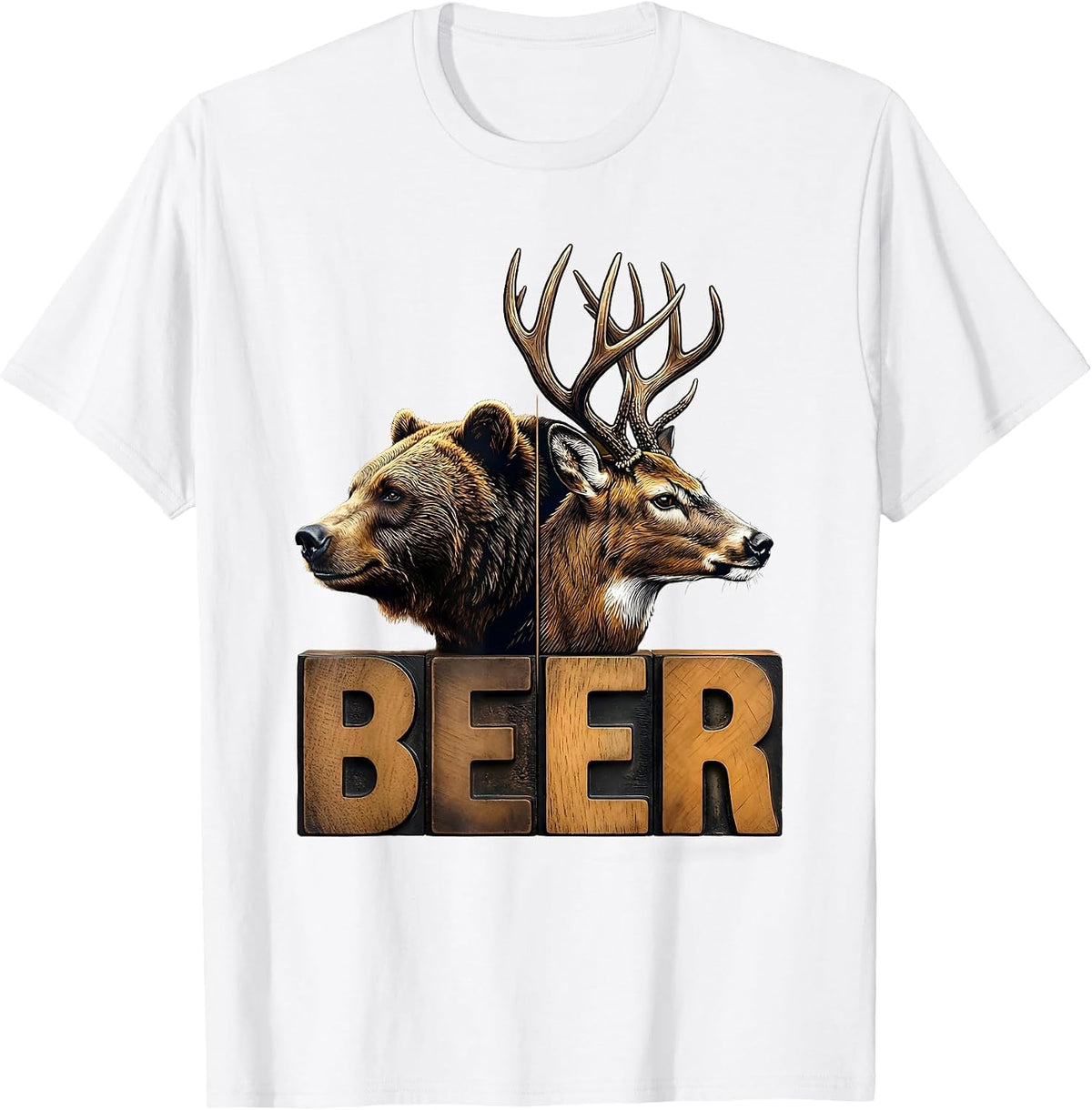 Men's BEER Vintage Bear Deer Funny Outdoor Camping Hunting T-Shirt - White