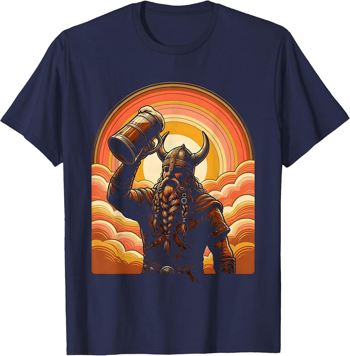 Men's Viking Mead Horn Braided Beard Illustration T-Shirt - Navy Blue