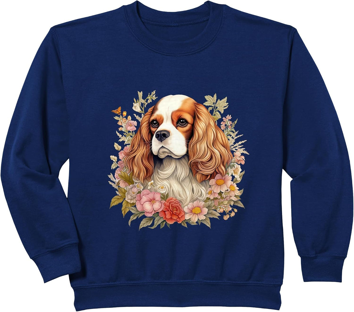 Cavalier King Charles Spaniel Dog with Flowers Floral Sweatshirt - Navy Blue