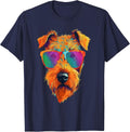 Colorful Pop Art Airedale Terrier Wearing Sunglasses Face T-Shirt - Navy Blue